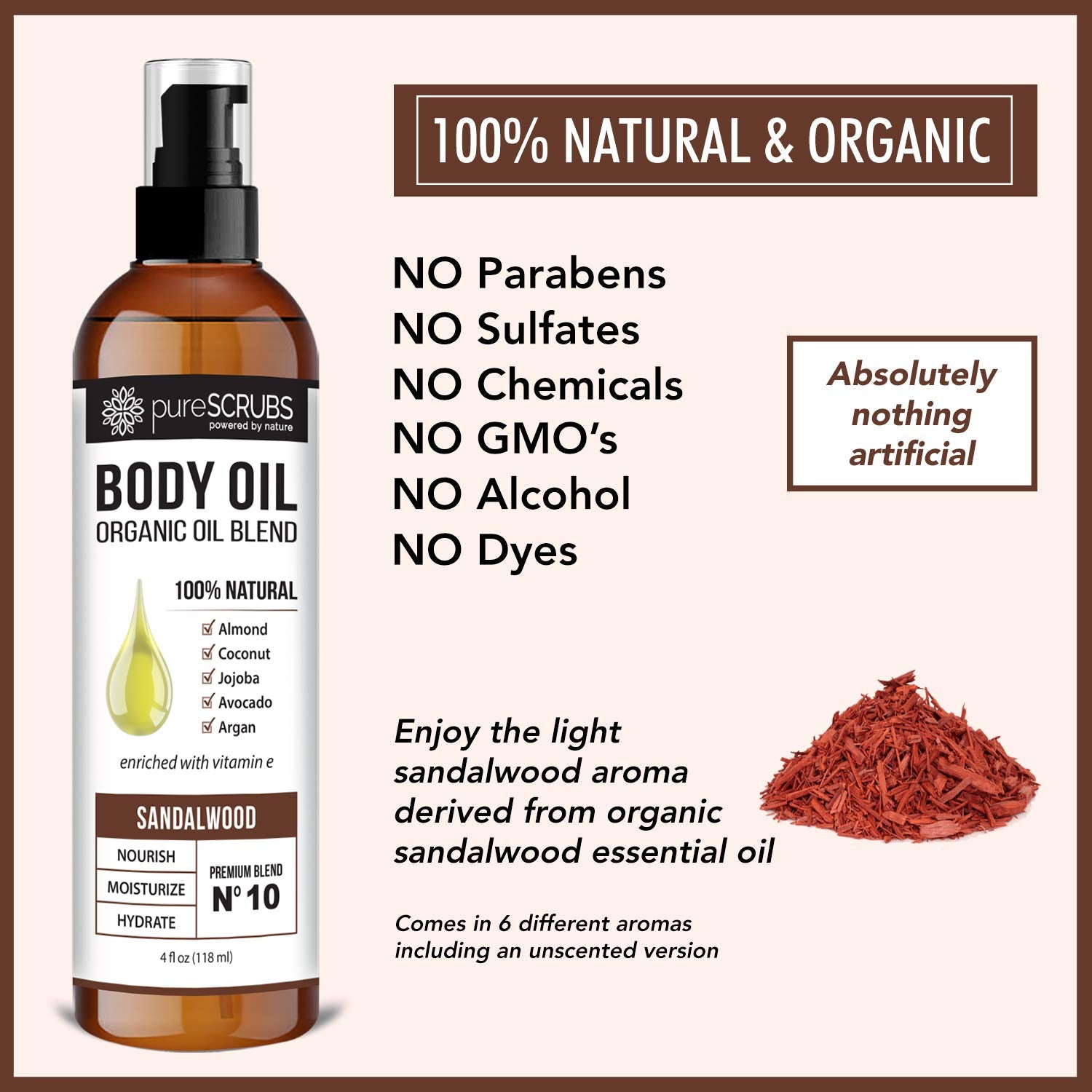 pureSCRUBS Ultra Moisturizing Sandalwood Body Oil Spray For Dry Skin, Massage, Cuticles & More, Organic Blend of Jojoba, Argan, Coconut, Sweet Almond & Avocado Oils Enriched with Vitamin E, Lg 4oz-Velvo Beauty