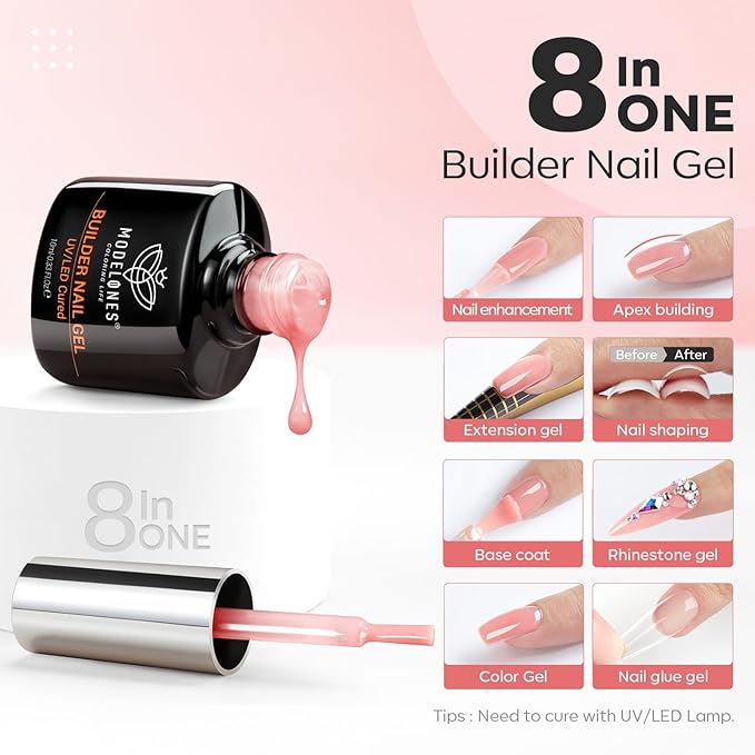 modelones Builder Nail Gel with Nail Dehydrator and Primer, 3Pcs Rose Nude Pink LED Gel Builder Polish Base Coat Acid Free Prep Dehydrate & Bond Primer for Thickening Apex Building 10ml Home DIY Salon-Velvo Beauty