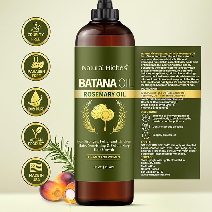 Natural Riches Rosemary & Batana Hair Oil (8 fl oz) | Revitalizing and Strengthening Hair Treatment for Fuller, Healthier-Looking Hair | Paraben Free | Suitable for All Hair Types-Velvo Beauty