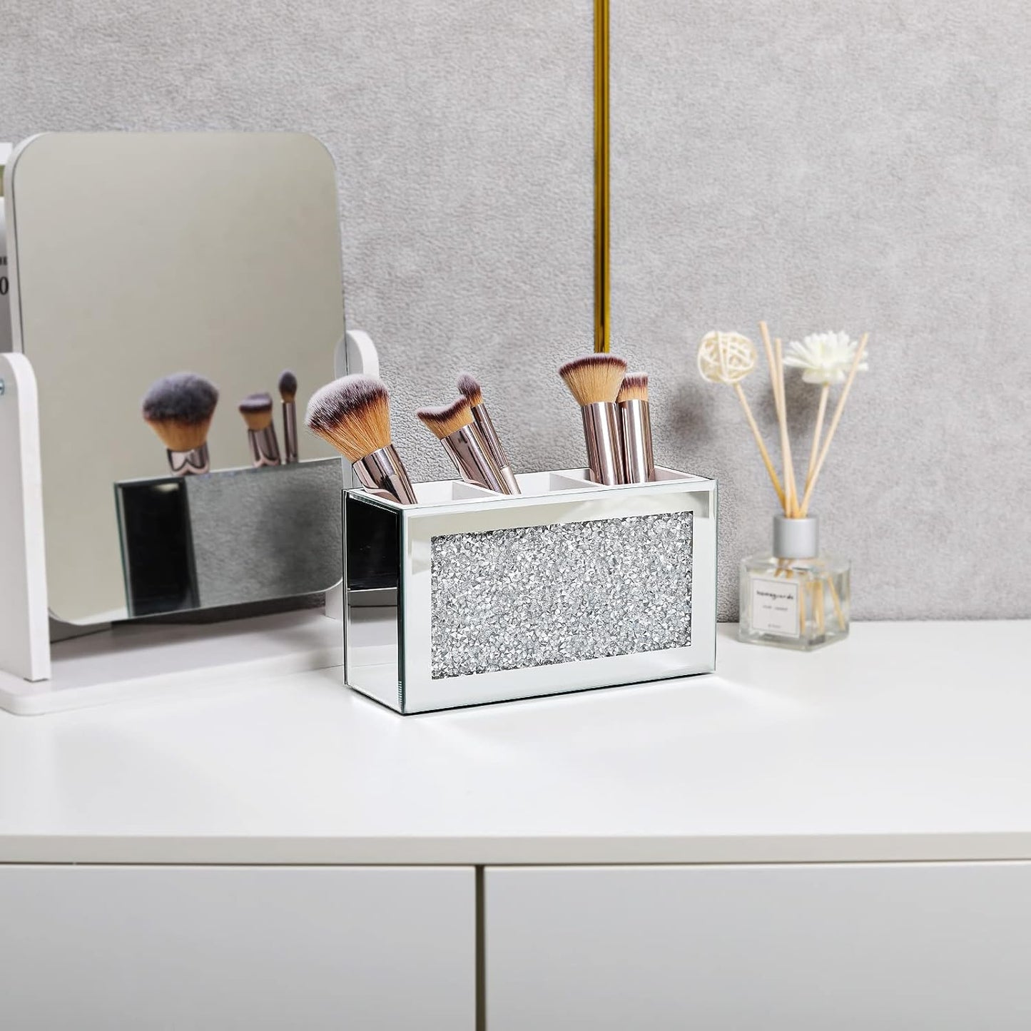 SWTHONY Silver Makeup Brush Holder Organizer, Bling 3 Slot Crushed Diamond Crystal Mirrored Cosmetic Brushes Storage, Eyeliners Eyebrow Pencil Display Case-Velvo Beauty