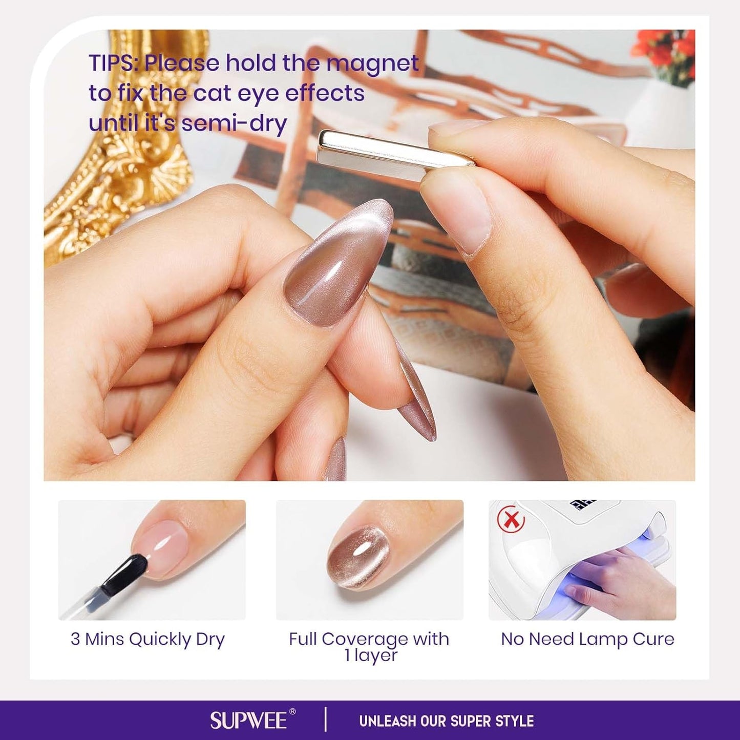 magnetic nail polish non gel, Nude Cat Eye Nail Polish Non Gel, Shimmer Glitter with Magnet, High Glossy, Fingernail Air Dry Fast, Manicure DIY, Salon Fall Colors-Velvo Beauty