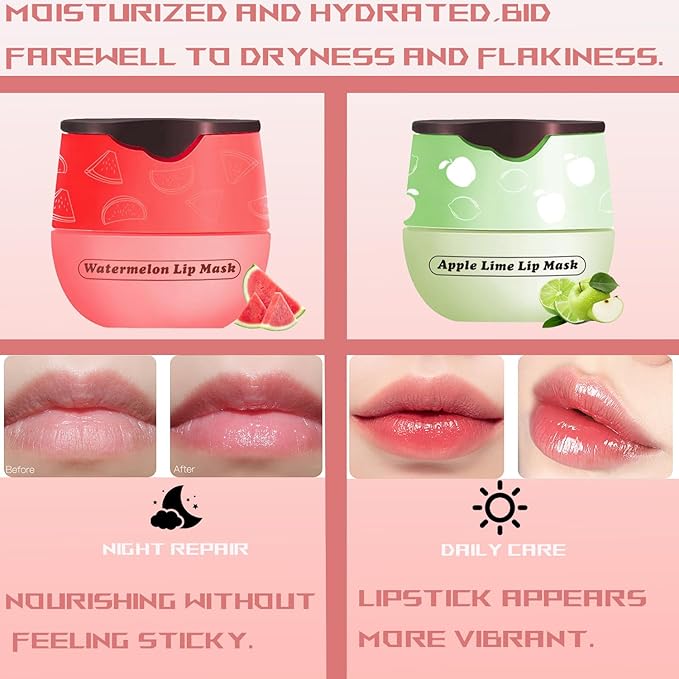 2 PCS Bee Lip Balm Honey Pot, Watermelon Apple Bee Lip Balm Sleeping Lip Mask Overnight with Sticks, Honey Pot Lip Balm Hydrating Exfoliating Prevention Dry and Crack Lip Scrubs-Velvo Beauty