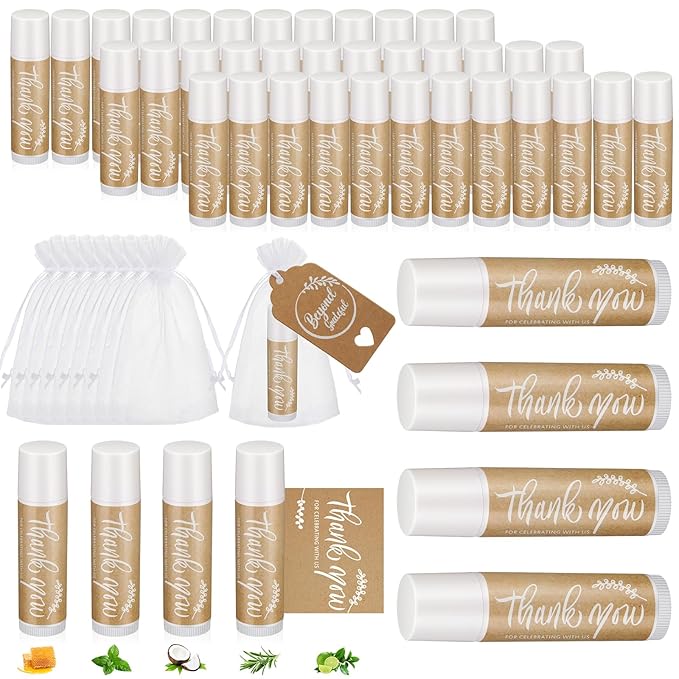50 Set Thank You Lip Balm Bulk Small Natural Moisturizing Mini Lip Balm with Bag and Card for Baby Wedding Bridal Shower Thank You Favors-Velvo Beauty
