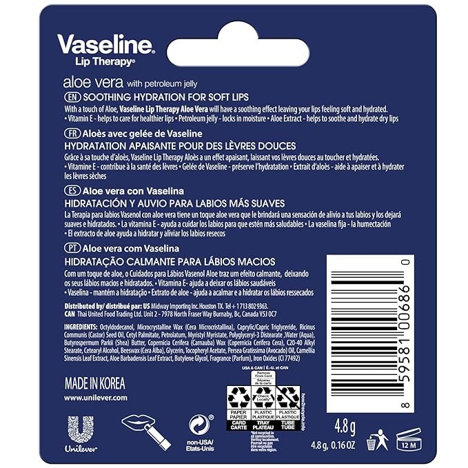 Vaseline Lip Therapy Aloe Fresh - Hydrating Lip Balm Pack, Vaseline Stick, Lip Moisturizer for Dry Lips, 0.16 Oz Each (Pack of 12)-Velvo Beauty