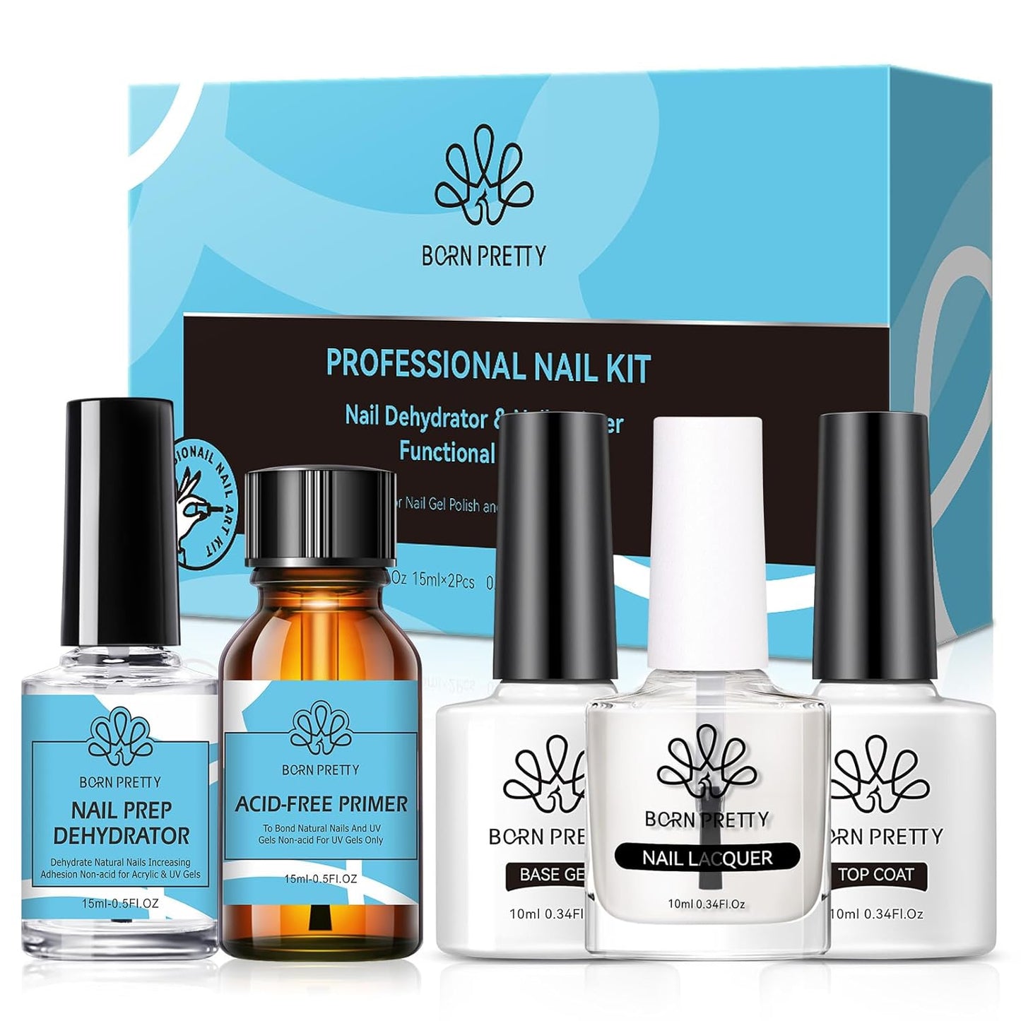 Born Pretty Nail Dehydrator and Primer, Nail Prep Dehydrator Acid Free Nail primer, Cuticle Oil for Nails, Base and Top Gel Coat Nail Supplies Functional Nail Set 5PCS-Velvo Beauty