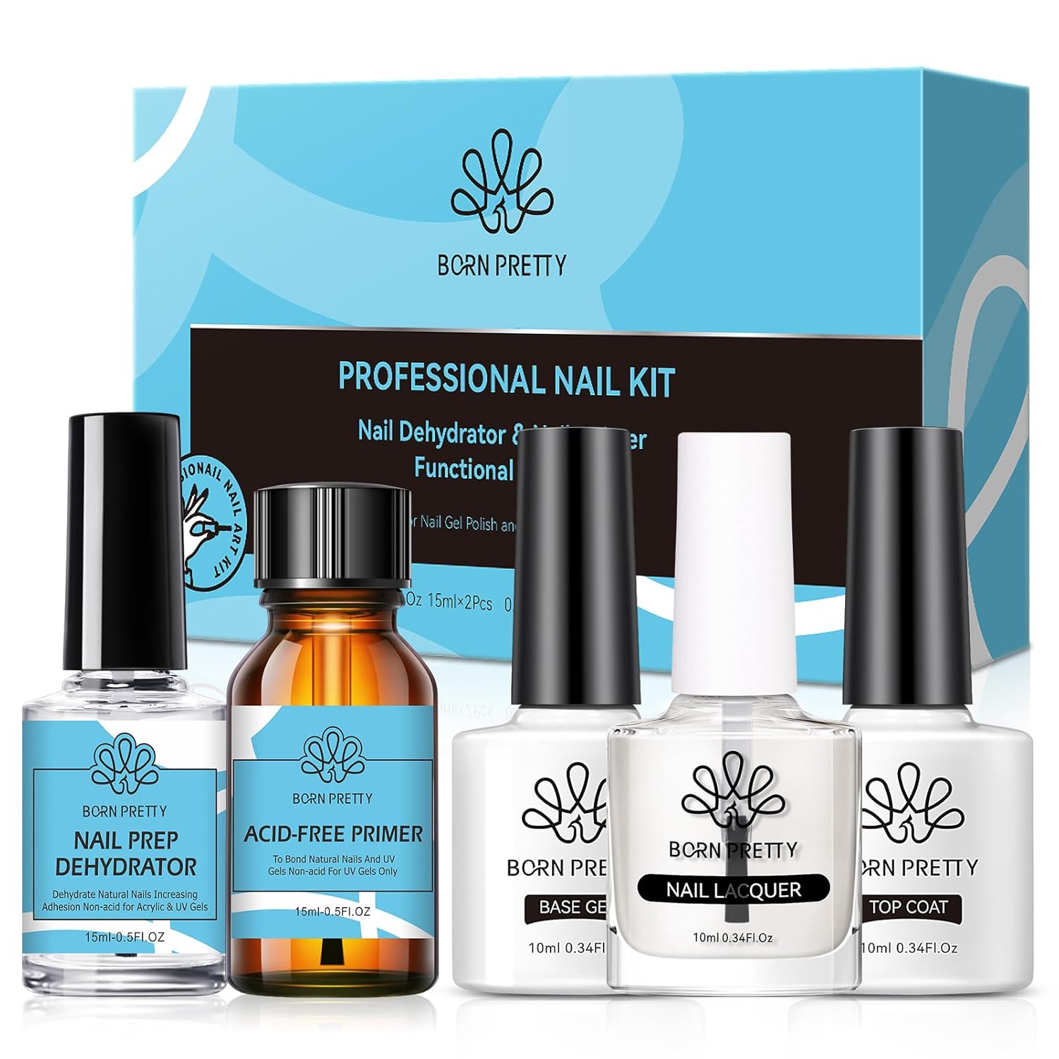 Born Pretty Nail Dehydrator and Primer, Nail Prep Dehydrator Acid Free Nail primer, Cuticle Oil for Nails, Base and Top Gel Coat Nail Supplies Functional Nail Set 5PCS-Velvo Beauty