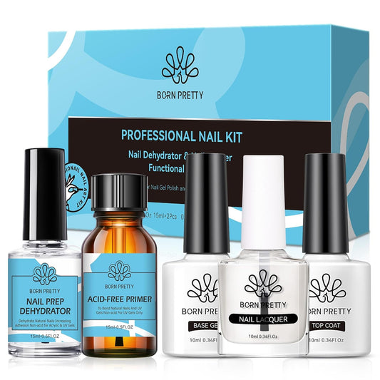 Born Pretty Nail Dehydrator and Primer, Nail Prep Dehydrator Acid Free Nail primer, Cuticle Oil for Nails, Base and Top Gel Coat Nail Supplies Functional Nail Set 5PCS-Velvo Beauty