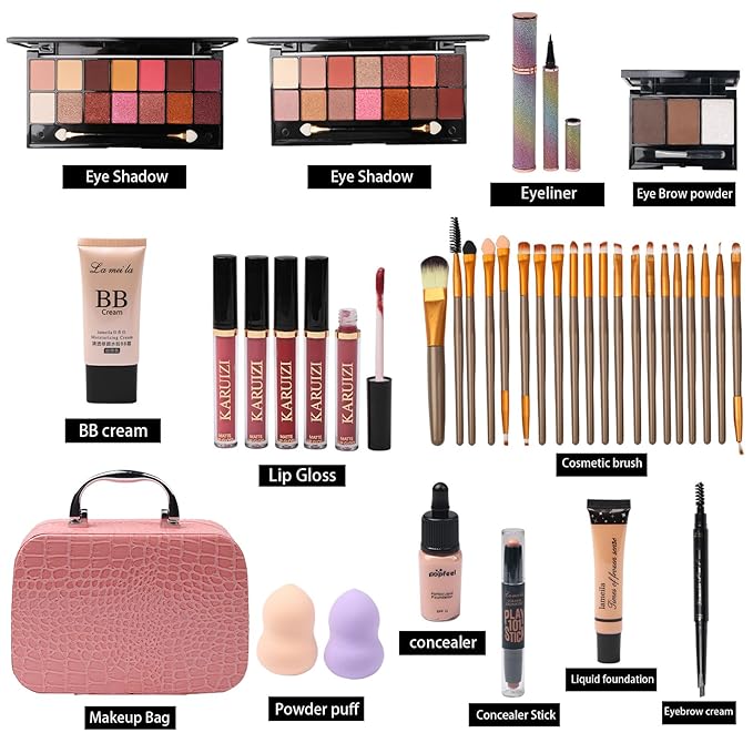 All in One Makeup Kit for Makeup storage bag 2X14 Colors Eyeshadow Palette Liquid Foundation Eyeliner Pencils Contouring Stick Lip Gloss Eyebrow Pencils 20Pcs Makeup Brushes etc For Women Girls Teens (Pink)-Velvo Beauty