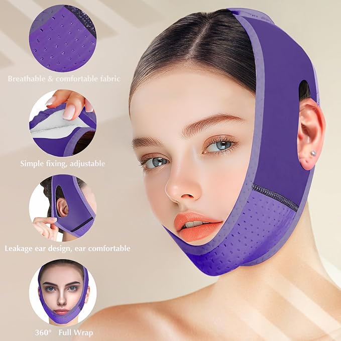 Reusable V Line Lifting Mask with Chin Strap, V Shaped Face Mask for Sagging, Jaw Exerciser (Dark Purple)-Velvo Beauty