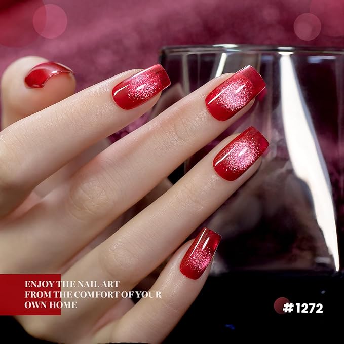 RARJSM Red Cat Eye Gel Nail Polish Set 6 Pcs Smoothie Ceramic Silver White Glitter Shimmer Burgundy Cherry Dark Wine Red Velvet Diamond Cateye Gel Polish with Magnetic Stick Soak off Curing Require-Velvo Beauty