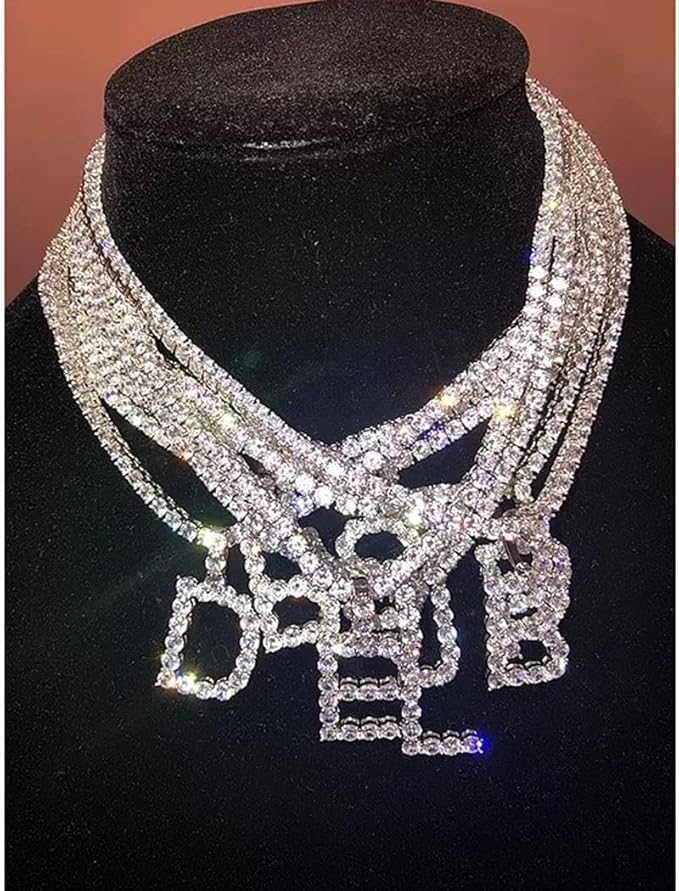 Silver Choker Necklace Rhinestones Shinning Letter M Fashion Letter A Sparkly Letter S Jewelry for Women Girls-Velvo Beauty