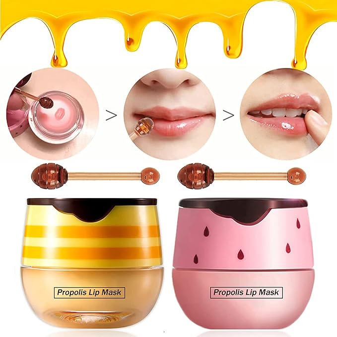 2 Pack Nourishing Lip Balm Honey Pot, Moisturizing Honey & Strawberry Propolis Lip Mask, Hydrating & Prevention Dry and Cracked Lip Scrubs Exfoliator Lip Sleeping Mask Reduces Lip Lines-Velvo Beauty