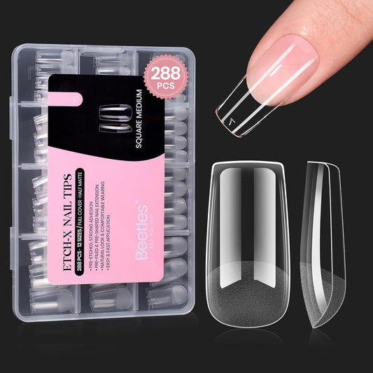 Beetles Gel Nail Tips Etch-X, Square Medium, 288Pcs 12 Sizes, Pre-Etched Half Matte Soft Acrylic False Nail Tips Full Cover Easy DIY Fake Press On Fall Nail Extension Salon Gift for Women-Velvo Beauty
