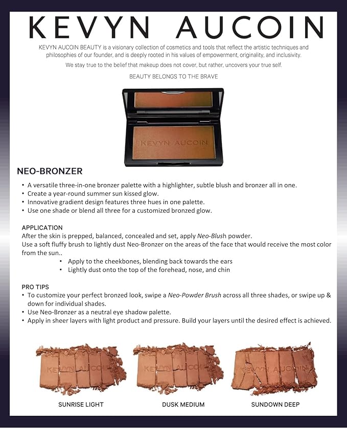 Kevyn Aucoin The Neo-Bronzer, Sundown Deep: 3 in 1 makeup palette. Highlighter, blush & bronzer in one smooth gradient makeup compact. Shimmer & matte in light, medium & deep. Sun-kissed to bronzed.-Velvo Beauty