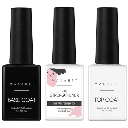 Makartt Nail Strengthener Gel Base & Top Coat Kit, 3Pcs 8ML, Long-Lasting Base & No Wipe Top Coat for Damaged Thin Nails, UV/LED Lamp Required, Promotes Nail Growth-Velvo Beauty