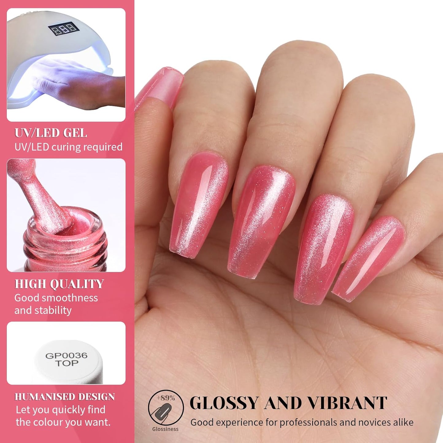 Coral Pink Cat Eye Gel Nail Polish,Crystal Holographic Magnetic Cateye Gel Polish, Pink Color Gel Silver Shimmer Velvet Soak Off Uv Led Home Diy Manicure- GP0083-Velvo Beauty