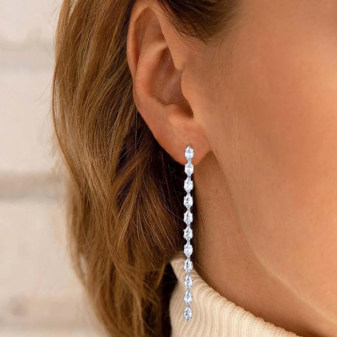Vintage Rhinestone Chain Drop Earrings Silver Linear Crystal Earrings Sparkle Cz Tassel Earrings Long Cz Chain Stud Earrings Jewelry for Women and Girls-Velvo Beauty