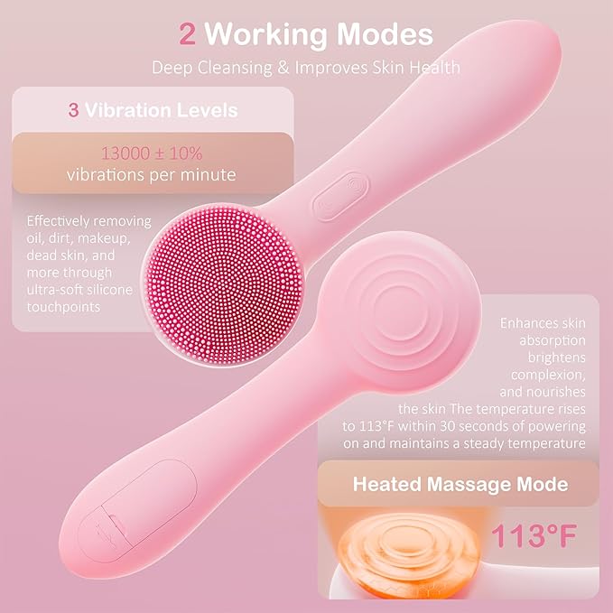 Facial Cleansing Brush Silicone Face Scrubber Waterproof Rechargeable Exfoliator Massage Device for Men & Women, Deep Pore Cleansing, Exfoliating, Removing Blackhead Electric Face Scrub Brush (Pink)-Velvo Beauty