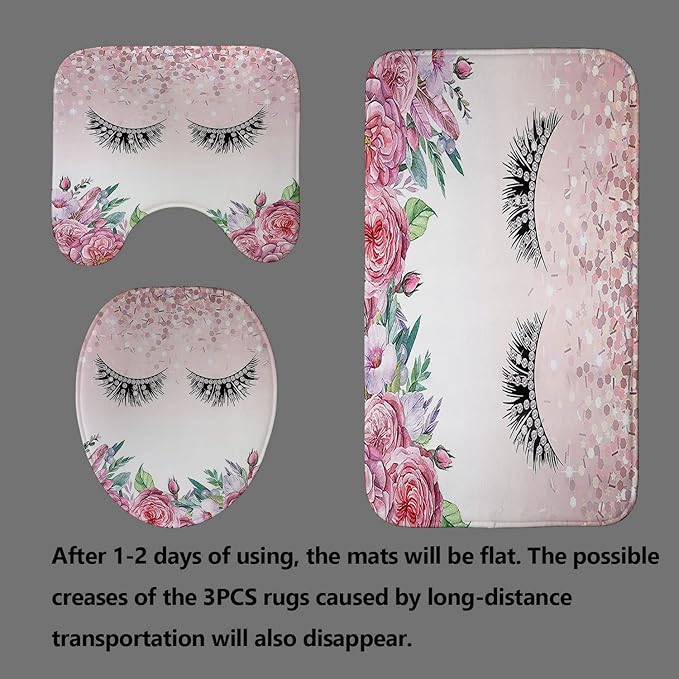 4PCS Diamond Eyelash Shower Curtain Set, Rustic Flower Botanical Bouquet Confetti Girly Makeup Fashion Bathroom Decor Waterproof Fabric Shower Curtain Non-Slip Bath Mat Toilet Rug, Pink Floral-Velvo Beauty