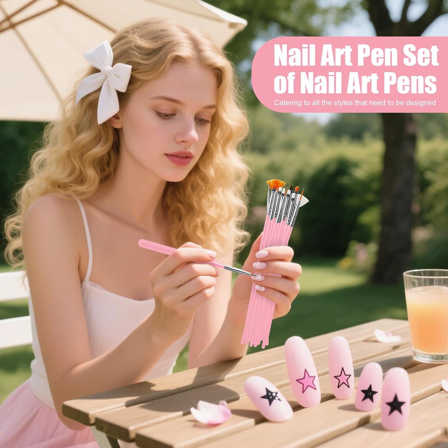 Artdone 15pcs Pink Nail Art Brushes, Nail Art Tool Set, Dotting Tools, Dust Brush,Striping Brushes for Long Lines, Drawing Pen For Gel Polish Design supply-Velvo Beauty