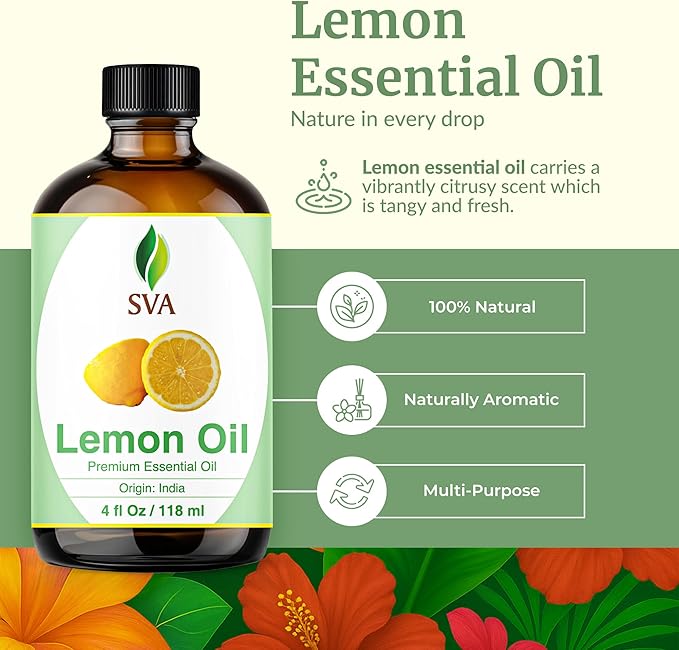 SVA Lemon Essential Oil – 4 Fl Oz – 100% Natural Lemon Oil - for Diffuser, Hair Care, Face, Skin Care, Aromatherapy, Scalp and Body Massage, Soap and Candle Making – with Dropper-Velvo Beauty