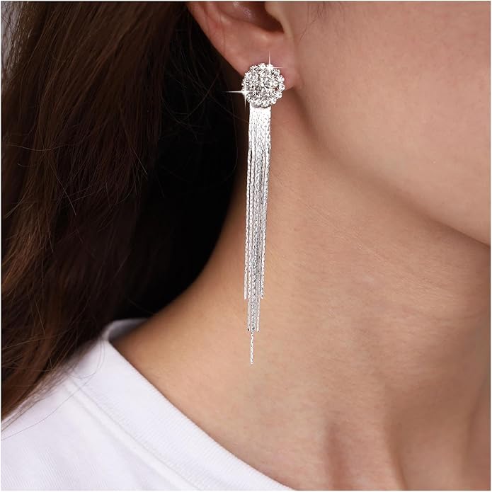 Vintage Crystal Chandelier Dangle Earrings Rhinestone Tassel Chain Earrings Wedding Chandelier Earrings Silver Full Cz Chain Earrings Jewelry for Women-Velvo Beauty