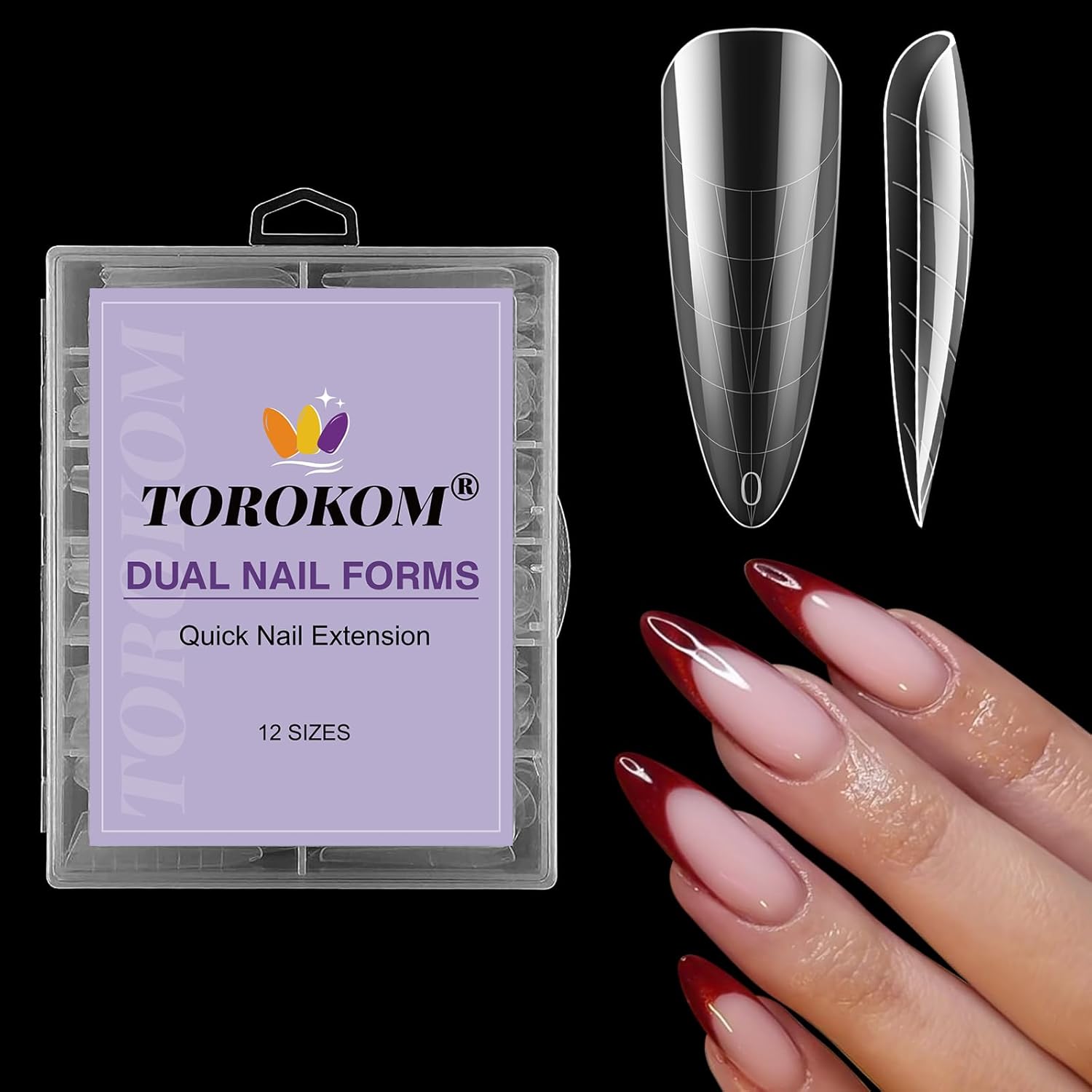 TOROKOM Nail Dual Forms for Poly Nail Gel, 120Pcs Stiletto Extension Gel Nail Molds Clear Acrylic Nail Tips, Full Cover Reusable Nail Forms for Builder Nail Gel Nail Art Design Salon&DIY-Velvo Beauty