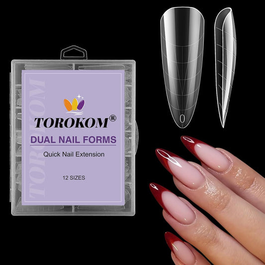 TOROKOM Nail Dual Forms for Poly Nail Gel, 120Pcs Stiletto Extension Gel Nail Molds Clear Acrylic Nail Tips, Full Cover Reusable Nail Forms for Builder Nail Gel Nail Art Design Salon&DIY-Velvo Beauty