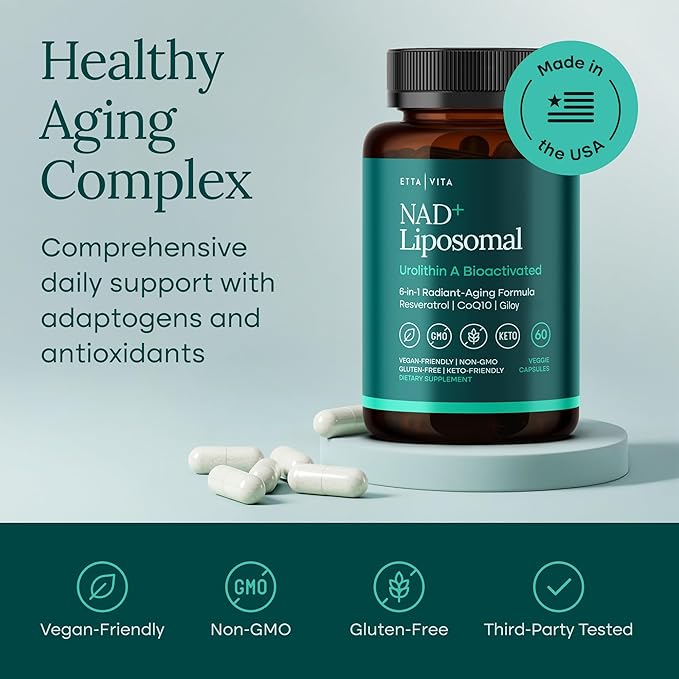 Liposomal NAD+ Supplement 500mg with Urolithin A, CoQ10, Resveratrol & Giloy (Made in USA) Mitochondrial, Cellular Energy, Cognitive, Anti-Aging & Detox Support - 3rd Party Tested Vegan, Non-GMO-Velvo Beauty