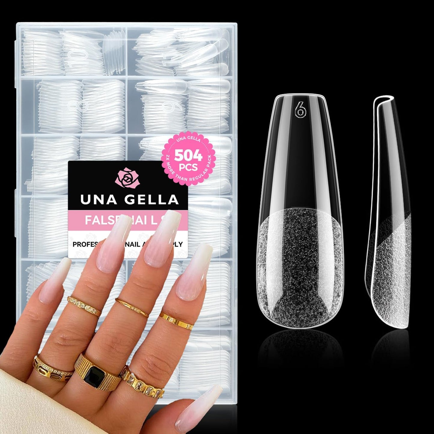 UNA GELLA Long Coffin Nail Tips, 504pcs Pre-Shape Fake Nails Half Matte Full Cover Acrylic Gel Nail Tips Clear Long Coffin Press On Nails Home DIY Extension 12 Sizes Gelly Tips-Velvo Beauty