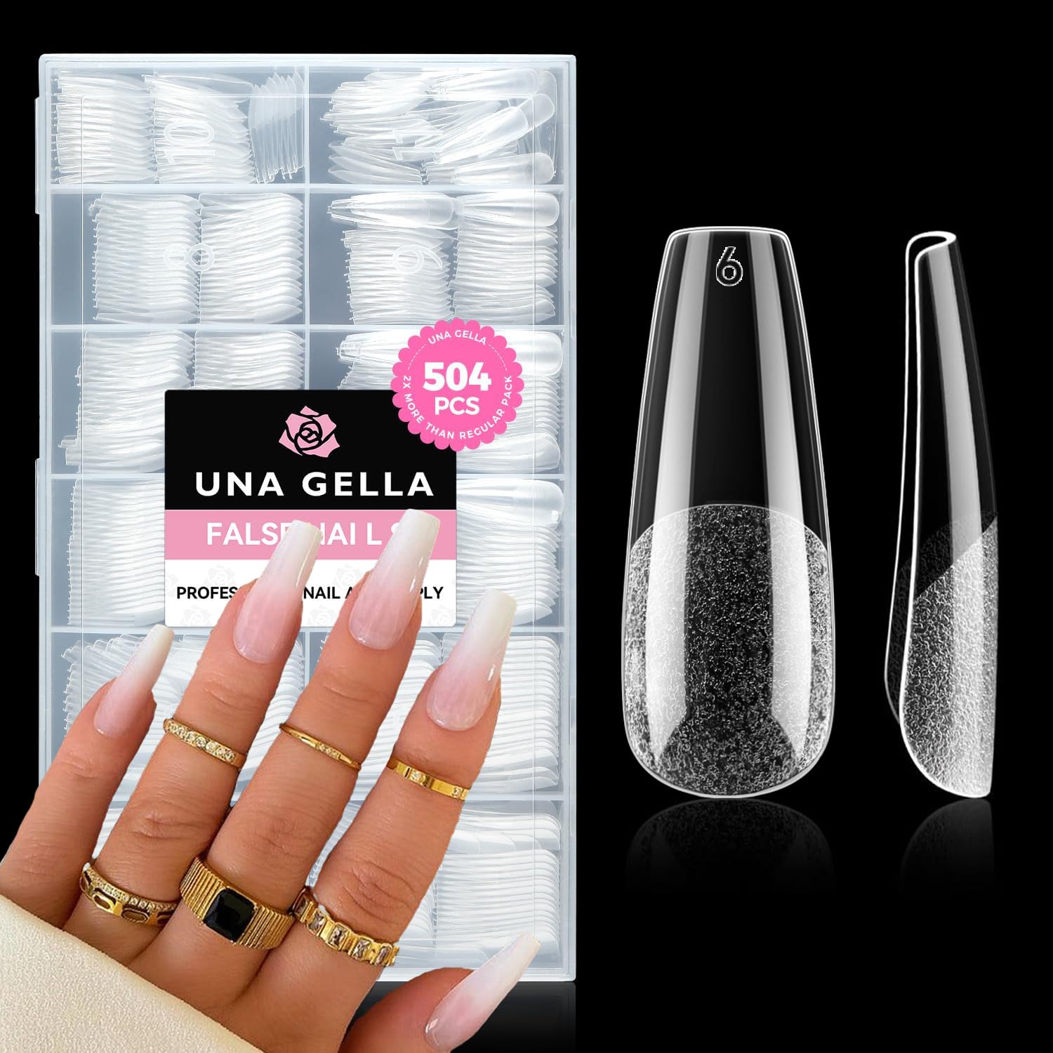 UNA GELLA Long Coffin Nail Tips, 504pcs Pre-Shape Fake Nails Half Matte Full Cover Acrylic Gel Nail Tips Clear Long Coffin Press On Nails Home DIY Extension 12 Sizes Gelly Tips-Velvo Beauty