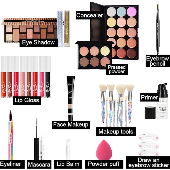 Makeup Kit for Women Full Kit, All in One Makeup Sets for Teens Girls Beginner Gift, Includes Eyeshadow Palette, Liquid Foundation, Concealer, Lip Gloss, Mascara, Powder Puff-Velvo Beauty