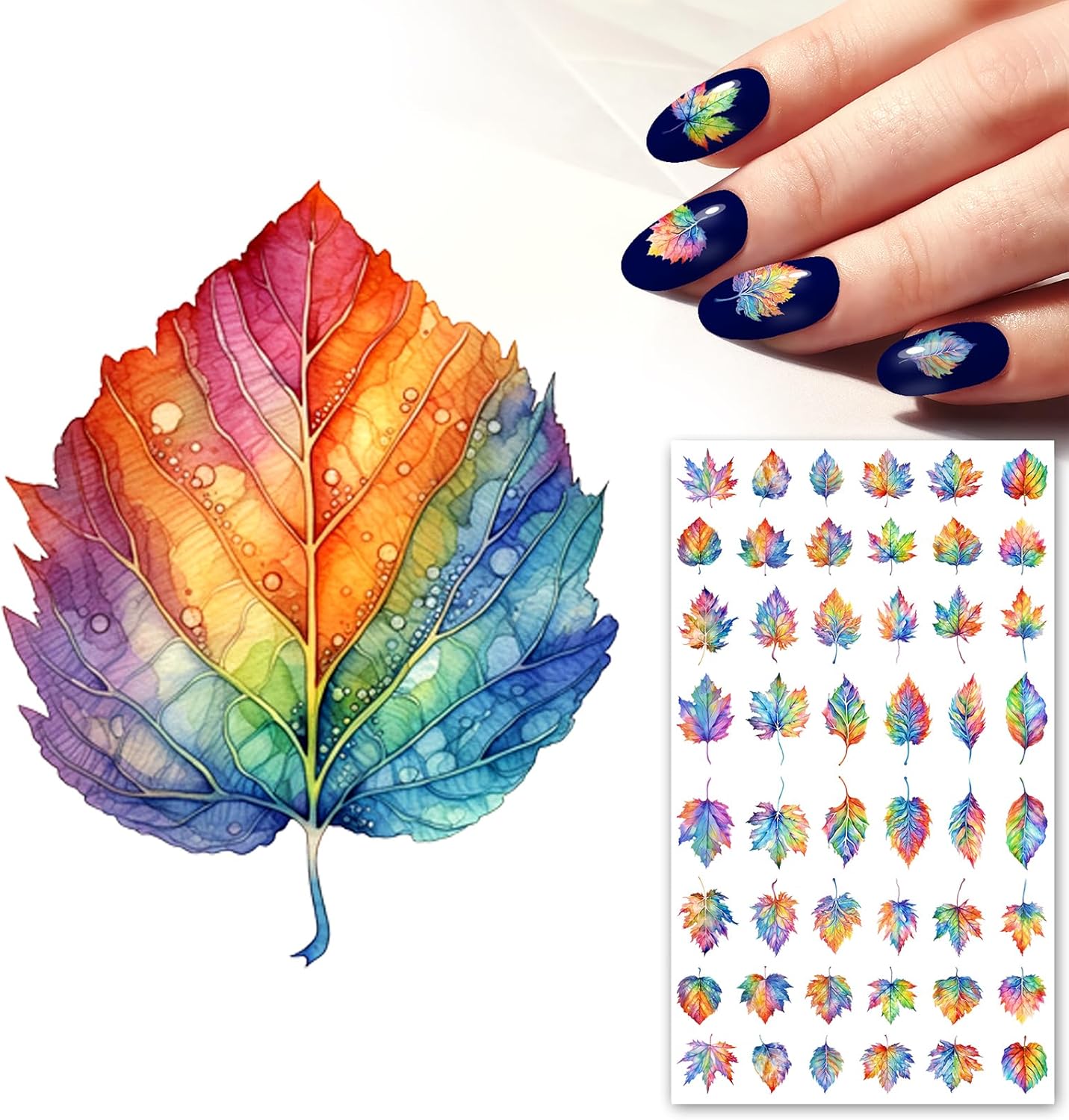Nail Stickers Decals (5 Sheets) FLONZNAIL Gorgeous Watercolour Rainbow Leaves Vintage Styled Nail Decor-Velvo Beauty