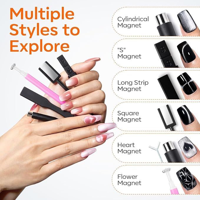 modelones Cat Eye Magnetic for Nails,15PCS Cat Eye Gel Nail Polish Magnet Tools Powerful Set Wand Magnet Summer Nail Polish Square Round Magnet Stick Diverse Glassy Cateye Effect-Velvo Beauty