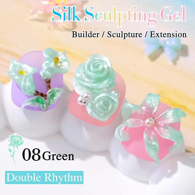 Double Rhythm 3D Nail Gel Pearl Solid Sculpting for Nail Art Non-Sticky Hard for Building Carving Molding Extension Soak Off UV/LED Nail Art Salon Home DIY 0.5 Oz (Green-Silk 08)-Velvo Beauty