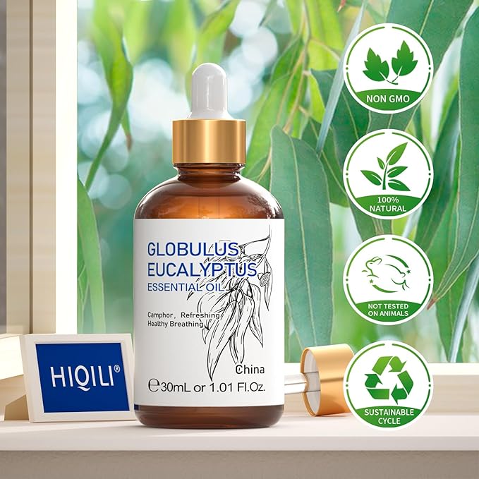 HIQILI Eucalyptus Essential Oil 1 Fl Oz, 100% Pure Natural Therapeutic Grade, Premium Grade Glass Dropper for Diffuser, Humidifier, Air Freshening, Cleaning, Home, Skin-Velvo Beauty