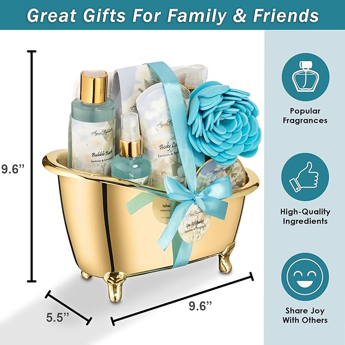 Spa Gift Baskets For Women - Luxury Bath Set With Jasmine & Lavender - Spa Kit Includes Body Wash, Bubble Bath, Lotion, Bath Salts, Body Scrub, Body Spray, Shower Puff, and Towel-Velvo Beauty
