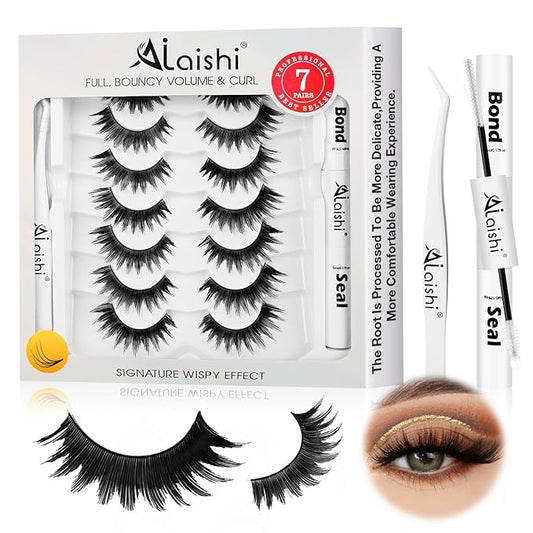 False Eyelashes Kit With Bond, Seal and Tweezer, 7 Pairs Fluffy Natural Look Fake Cat Eye Lashes Strips Thin Band Extensions Waterproof Easy Eyelashes for Beginners DF64-Velvo Beauty