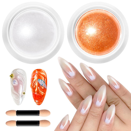 Pearl Chrome Nail Powder BISHENGYF -【Metallic Mirror Effect】 Orange Chrome Nail Powder White Clear Aurora Mermaid Iridescent Chrome Powder for Nails Pigment Glitter Dust for Manicure Decroation DIY-Velvo Beauty