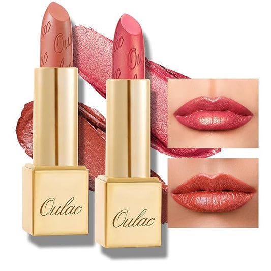 Oulac Metallic Orange & Coral Pink Lipstick Set - 2PCS Vegan Lightweight Hydrating Formula with High Impact Lip Color for Full Coverage Lip Makeup, Christmas Gifts for Women, 05+25-Velvo Beauty