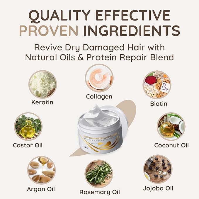 VITAMINS hair cosmetics Keratin Hair Mask - Deep Repair Conditioner with Biotin & Castor Oil - For Damaged, Dry, Curly, Straight, Thin & Fine Hair - Intense Collagen Protein Treatment-Velvo Beauty