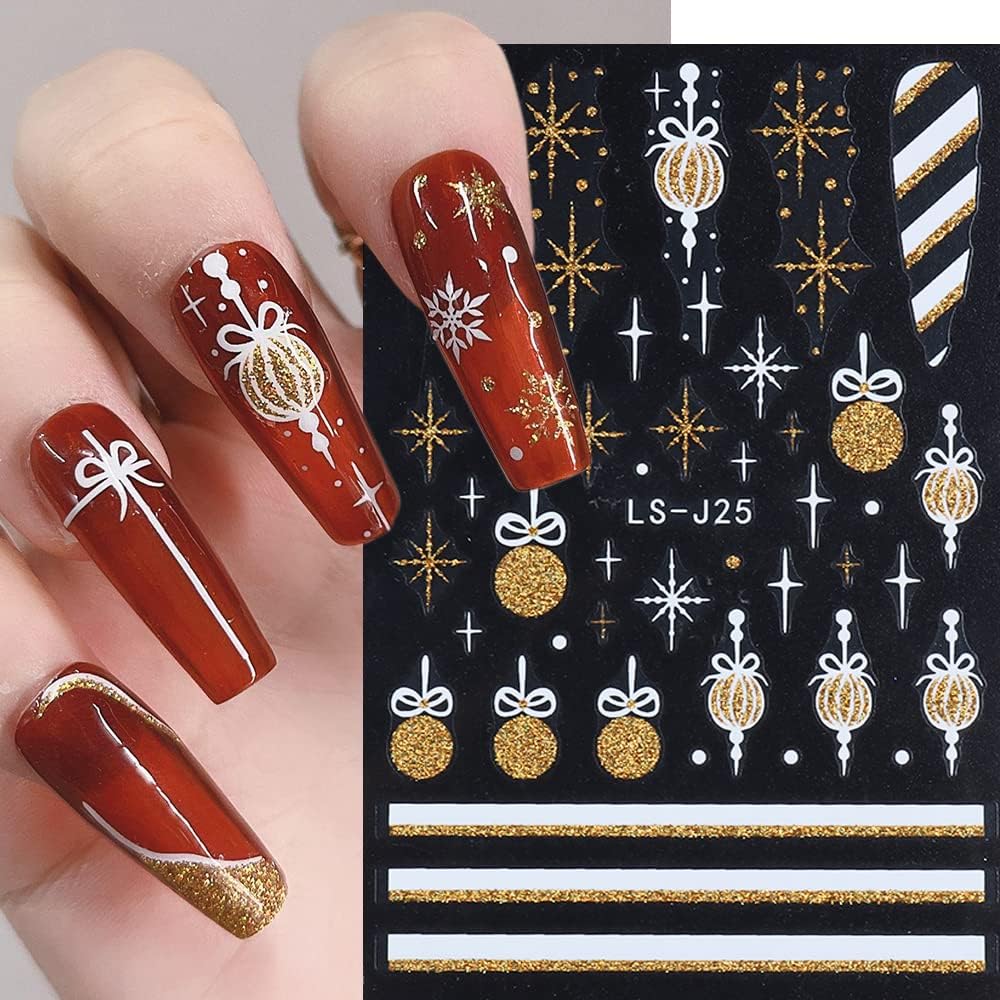 8 Sheets Christmas Glitter Nail Art Stickers Decals Self-Adhesive Pegatinas Uñas Holiday Gold Silver Reindeer Line Snowflake Nail Supplies Nail Art Design Decoration Accessories-Velvo Beauty