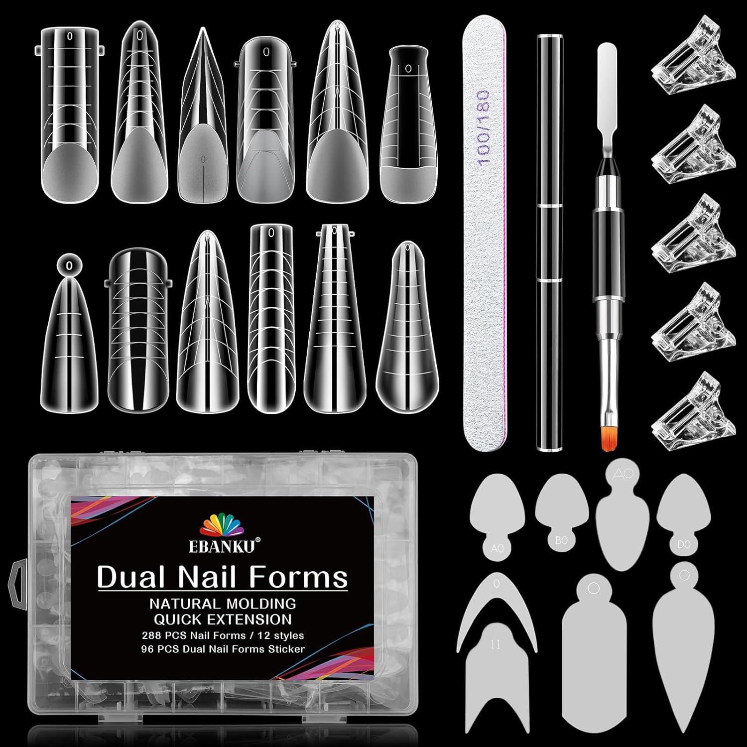 EBANKU Dual Nail Form Kit, 288PCS Poly Nail Gel Forms for French Nails, 12 Styles Dual Forms Silicone Reusable Pads, 5PCS Nail Clips, Gel Brush Pen Nail Files Buffer, Nail Extension Kit for Beginner-Velvo Beauty