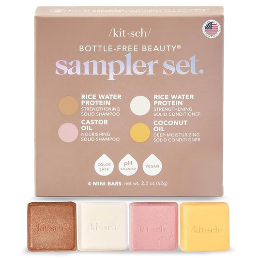 Kitsch Shampoo and Conditioner Set - 4pc Sampler Bars with Rice Water Shampoo and Conditioner, Castor Oil Shampoo & Coconut Oil Conditioner - Bottle-Free Beauty for Hair Growth, Repair & Moisture-Velvo Beauty