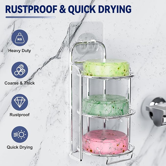 Silver 3-Tier Shower Soap Shampoo Bar Holder, Self Adhesive & Freestanding Draining Soap Dish Caddy for Bathroom Wall Accesories Decor-Velvo Beauty