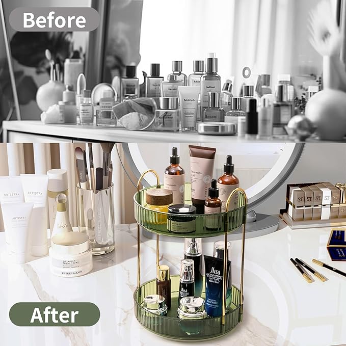 360 Rotating Makeup Organizer for Vanity,2 Tier Large Capacity Skincare Organizers,Bathroom Counter Organizer, Spinning Perfume Organizer & Vanity Organizer (Green-2 Tier)-Velvo Beauty
