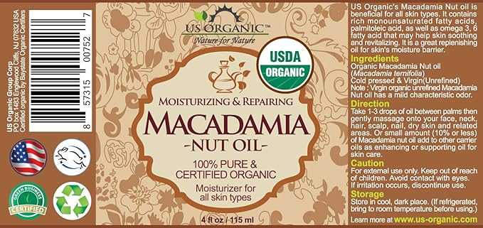 US Organic Macadamia Nut Oil Unrefined Virgin, Certified Organic, Pure & Natural, Cold Pressed, Sourced in Kenya, in Amber Glass Bottle w/Glass Eye dropper for Easy Application (4 oz (Large))-Velvo Beauty