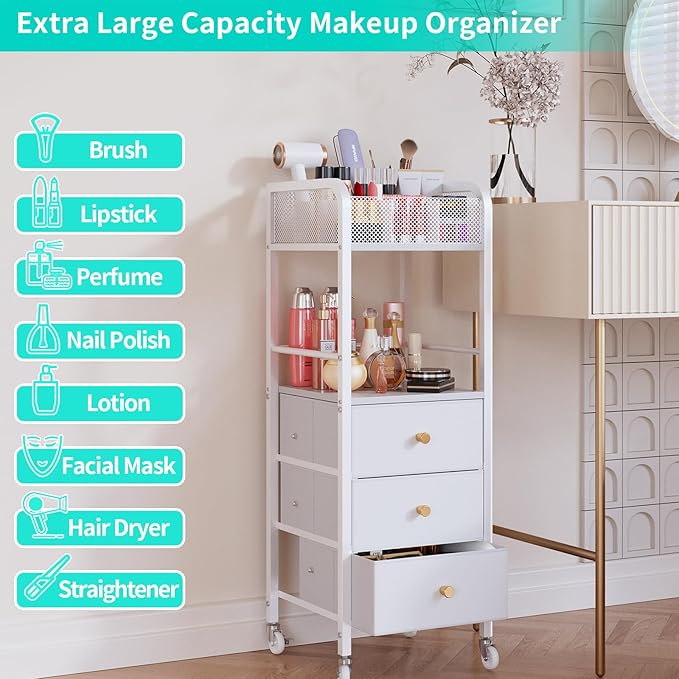 HapiRm Rolling Makeup Cart Organizer - Floor Skincare Make Up Storage with 3 Drawers, Vanity Organizer Cosmetic Display Cases Holder for Skin Care Perfume Nail Polish Brush Hair Tool, White-Velvo Beauty