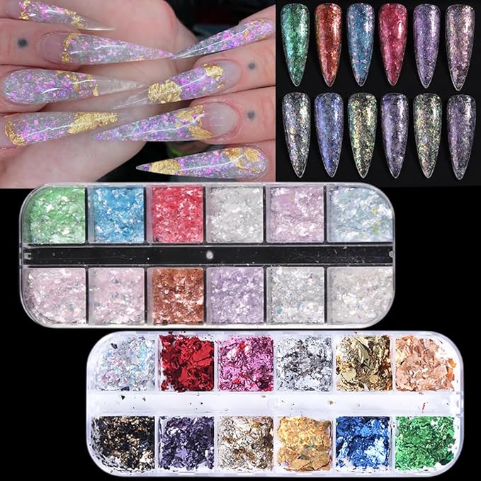 24Grid Aurora Opal Iridescent Nails Mermaid Flake Powder,Holographic Metal Color Gold Silver Confetti Nail Art Foil Paillettes,Irregular Glitter Sparkly Sequin Design for Manicure Decoration-Velvo Beauty
