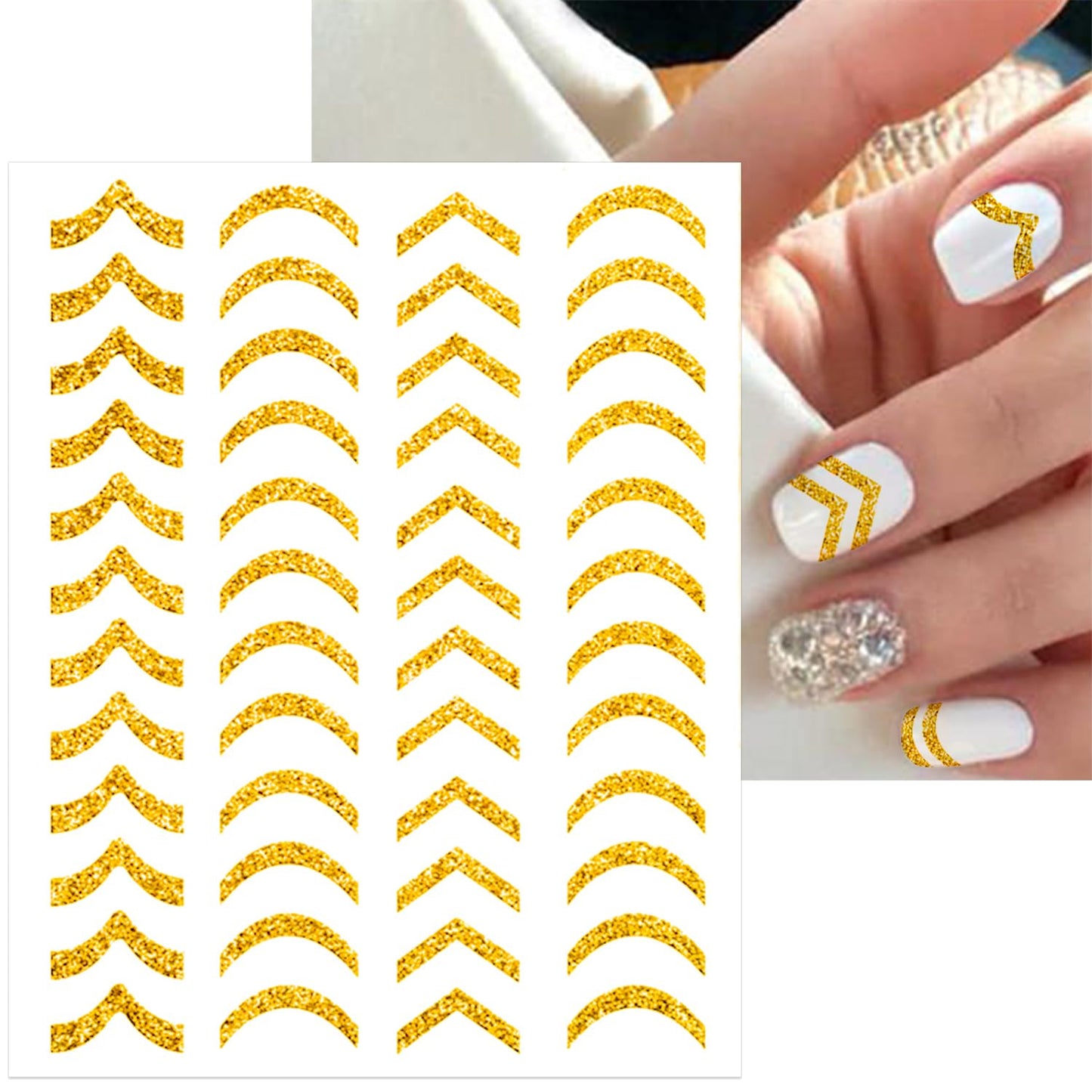 SILPECWEE 8 Sheets Gold Glitter Nail Art Stickers Decals for Women Kids French Nail Stickers French Tip Stripe Flame Flower Butterfly for Nails Design 3D Self-Adhesive Manicure Decoration-Velvo Beauty